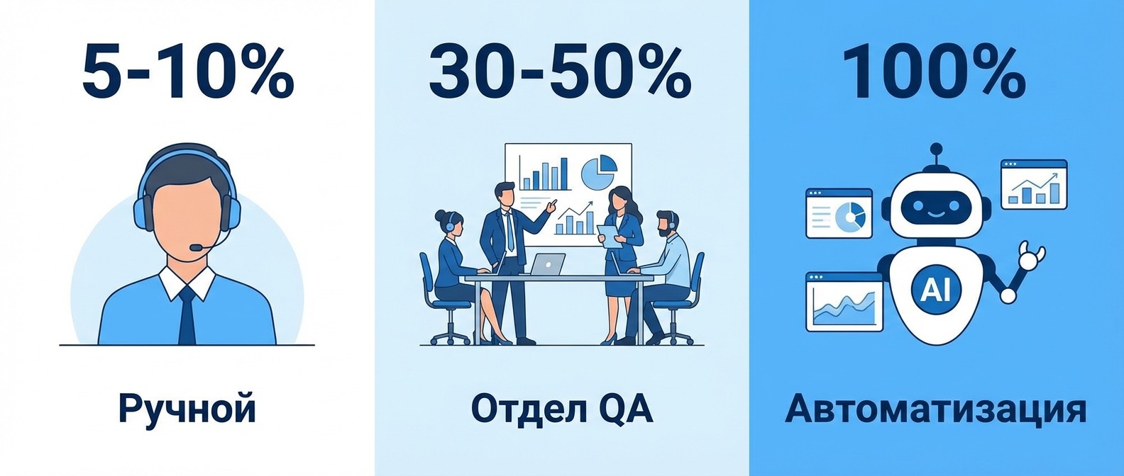 Сравнение методов контроля качества звонков: ручной, штатный отдел, автоматизация