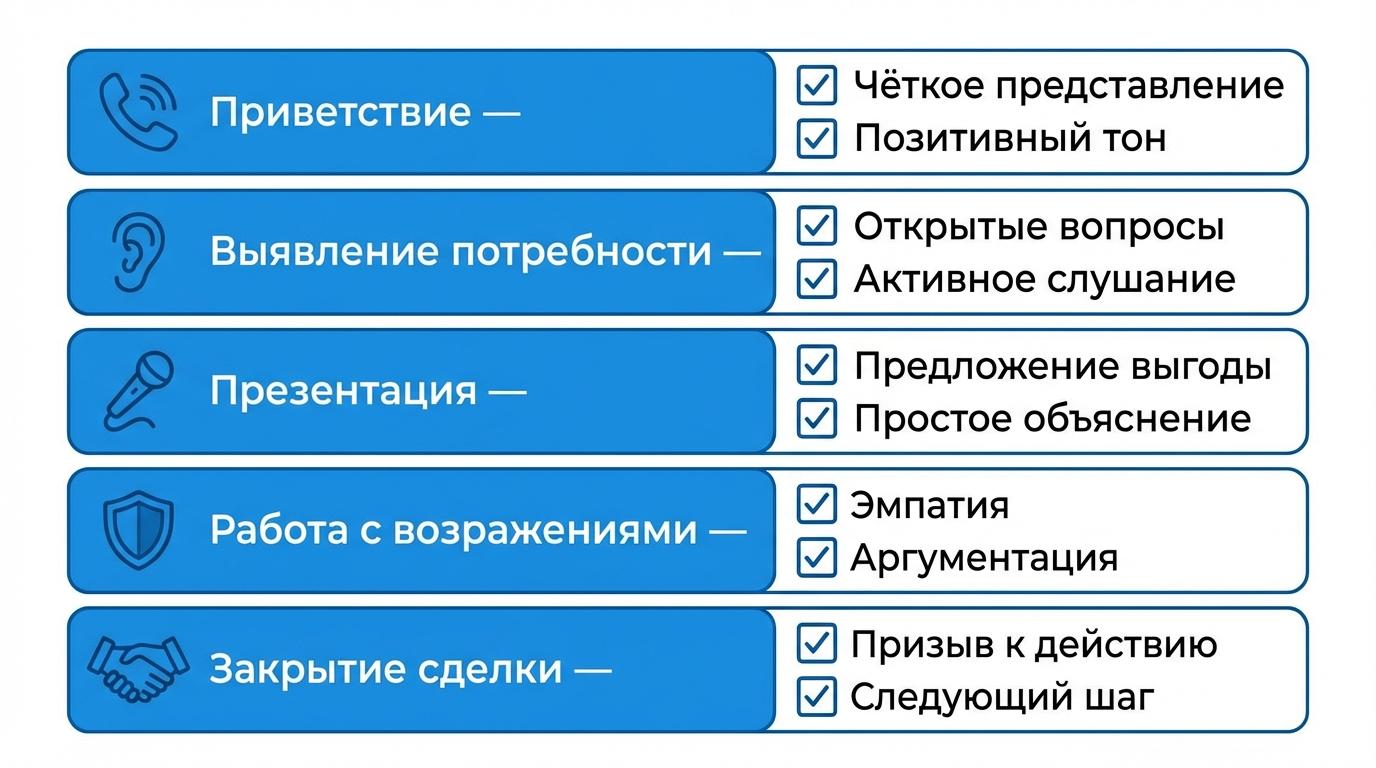 Чек-лист оценки разговора менеджера — 15 критериев с весами