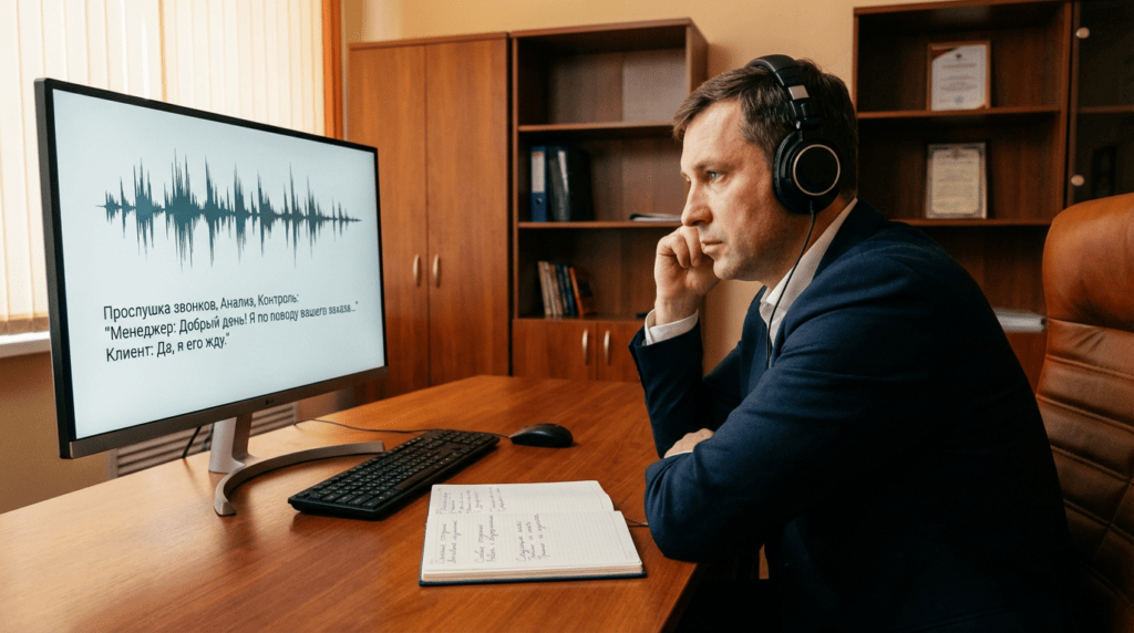 Прослушка звонков менеджеров — руководитель анализирует записи разговоров