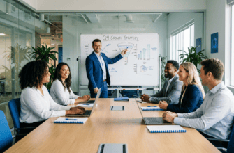 Руководитель отдела продаж на совещании с командой менеджеров