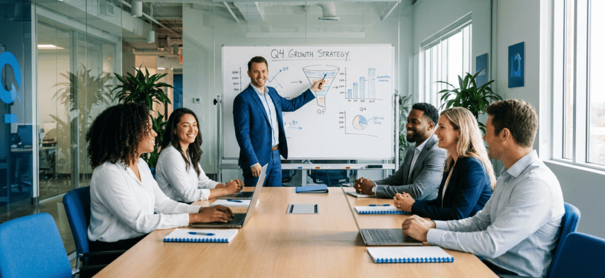 Руководитель отдела продаж на совещании с командой менеджеров