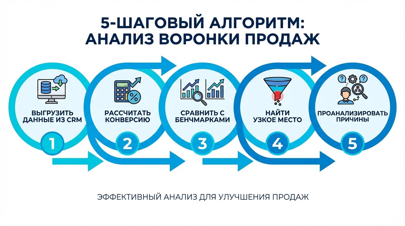 Алгоритм поиска узких мест в воронке продаж: 5 шагов анализа конверсии