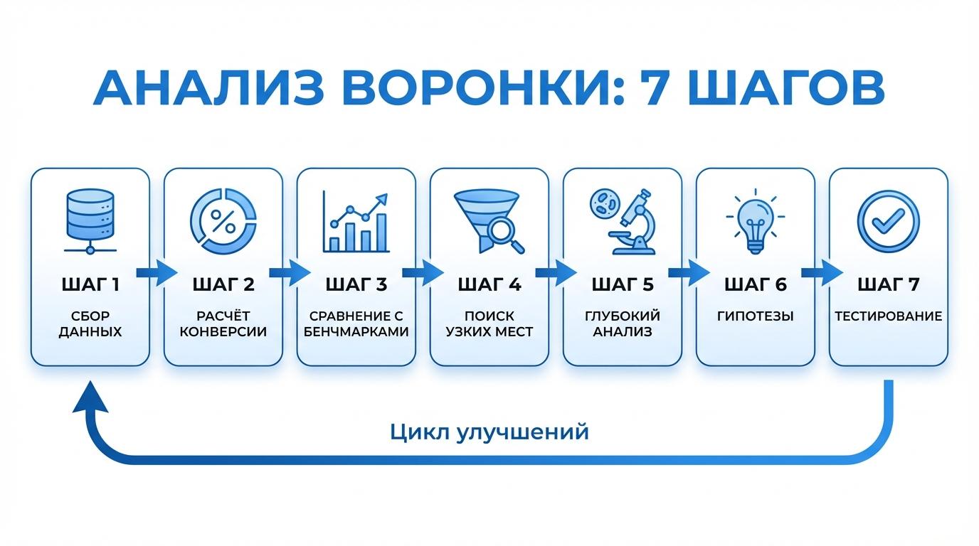 Пошаговый алгоритм поиска узких мест в воронке продаж: 7 шагов от сбора данных до внедрения изменений