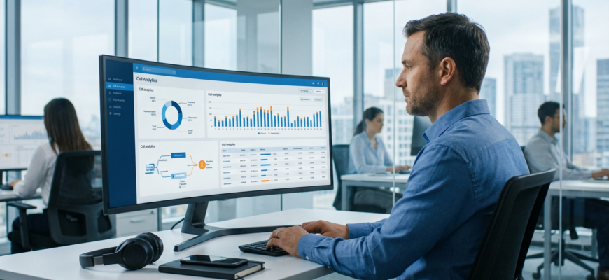 Аудит звонков в отделе продаж — руководитель анализирует данные о качестве работы менеджеров