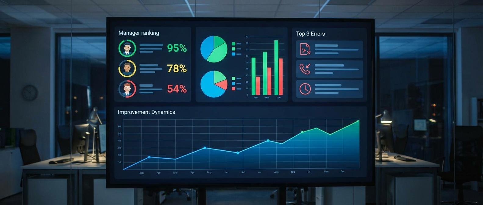 Дашборд результатов аудита звонков — рейтинги менеджеров и ключевые метрики