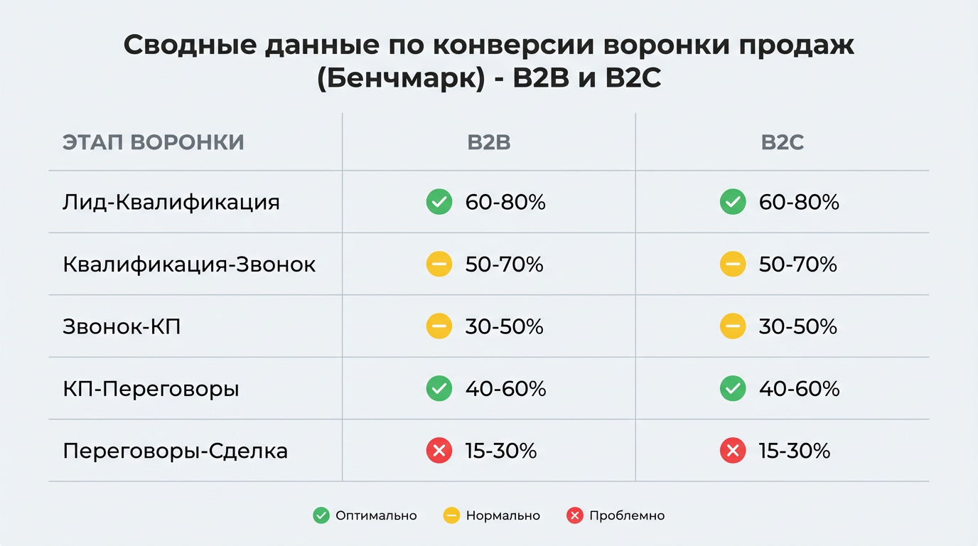 Бенчмарки конверсии воронки продаж: нормы для B2B и B2C по этапам