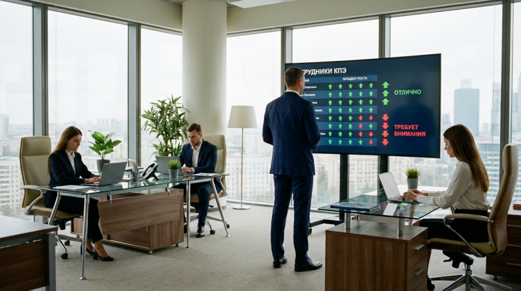 Система контроля качества сотрудников: руководитель анализирует дашборды эффективности команды