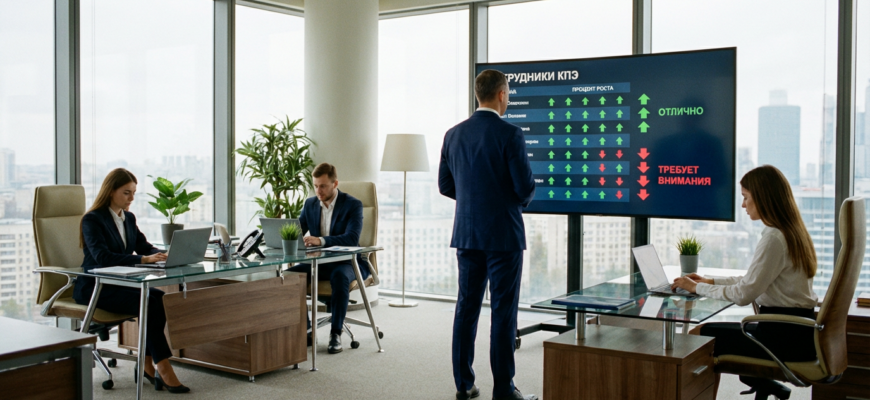 Система контроля качества сотрудников: руководитель анализирует дашборды эффективности команды
