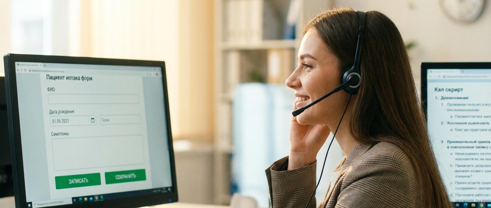 Оператор медицинского колл-центра записывает пациента на прием по скрипту