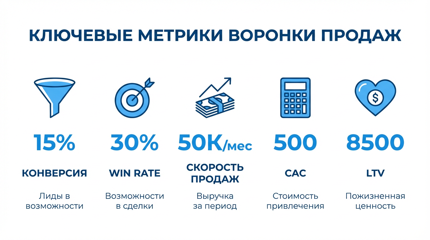 Инфографика ключевых метрик воронки продаж: конверсия, Win Rate, Sales Velocity, CAC, LTV
