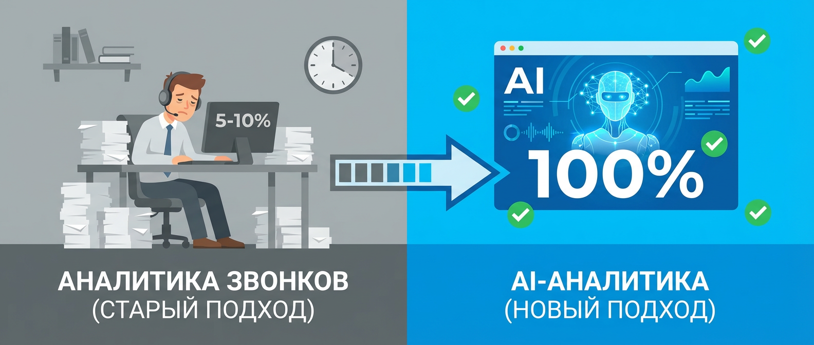 Сравнение ручного контроля звонков (5-10%) и AI-аналитики (100% охват)