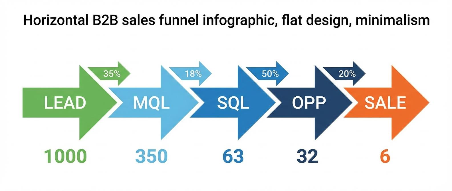 Воронка продаж B2B с конверсией по этапам: MQL, SQL, Opportunity, Close