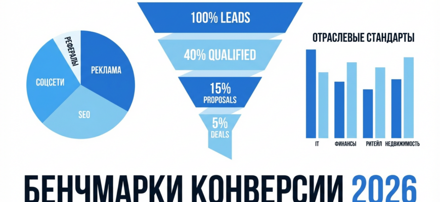 Средняя конверсия в продажах: воронка с бенчмарками по отраслям