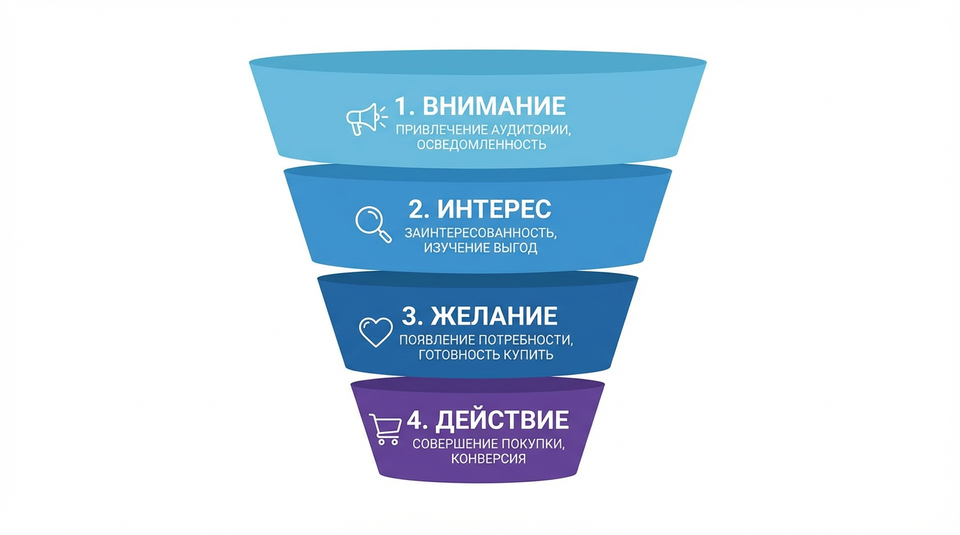 Этапы воронки продаж AIDA: внимание, интерес, желание, действие