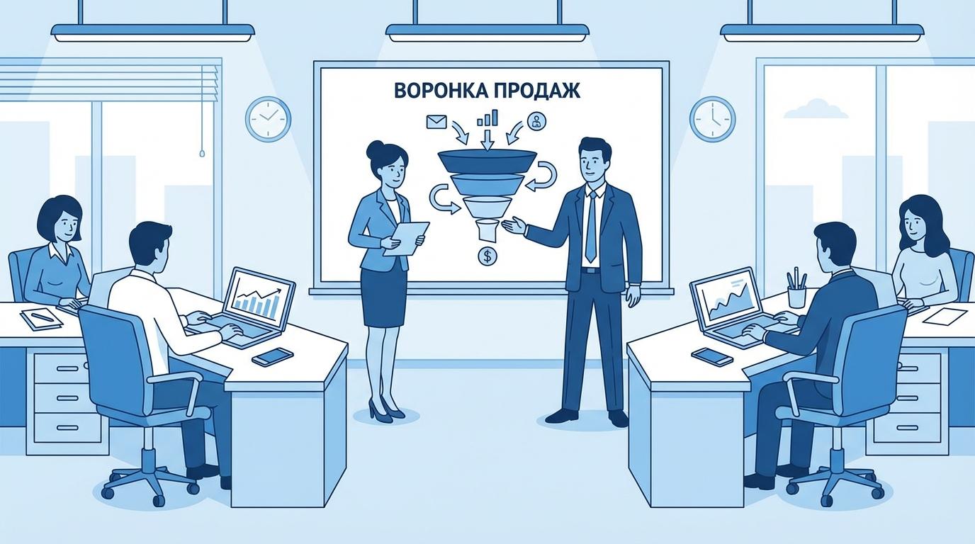 Как построить отдел продаж с нуля - руководитель у доски с воронкой продаж