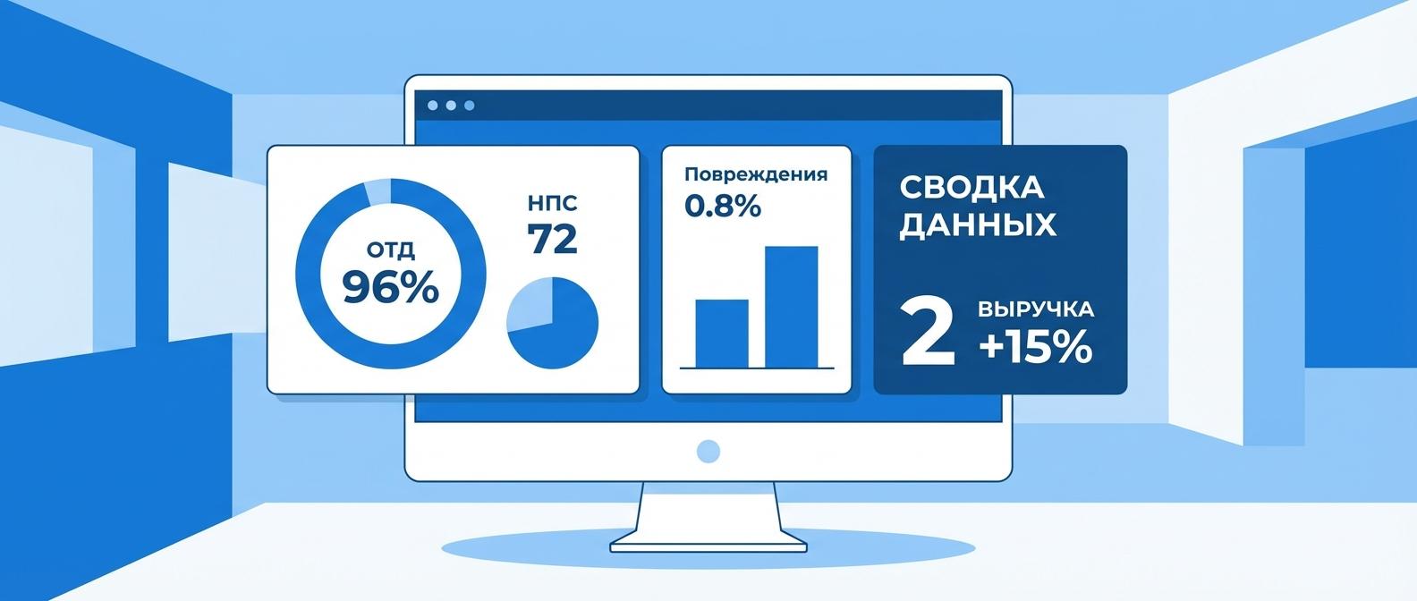 Дашборд KPI контроля качества доставки: OTD, OTIF, NPS, Damage Rate и другие метрики