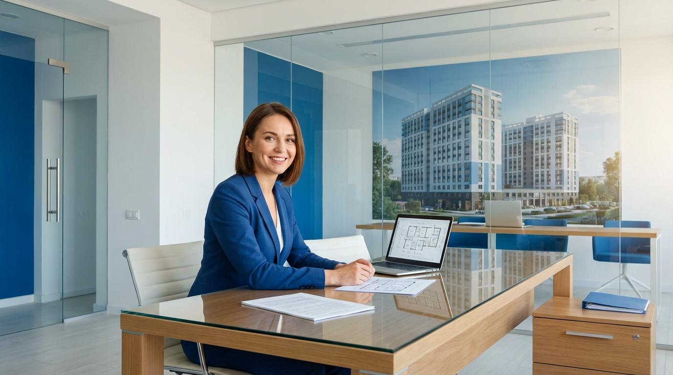 Менеджер по продажам недвижимости консультирует клиента в офисе застройщика