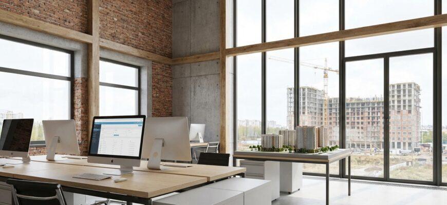 Отдел продаж застройщика - современный офис с видом на строящийся жилой комплекс