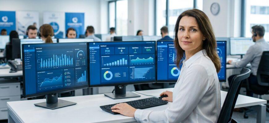 Руководитель колл-центра анализирует показатели эффективности на дашборде