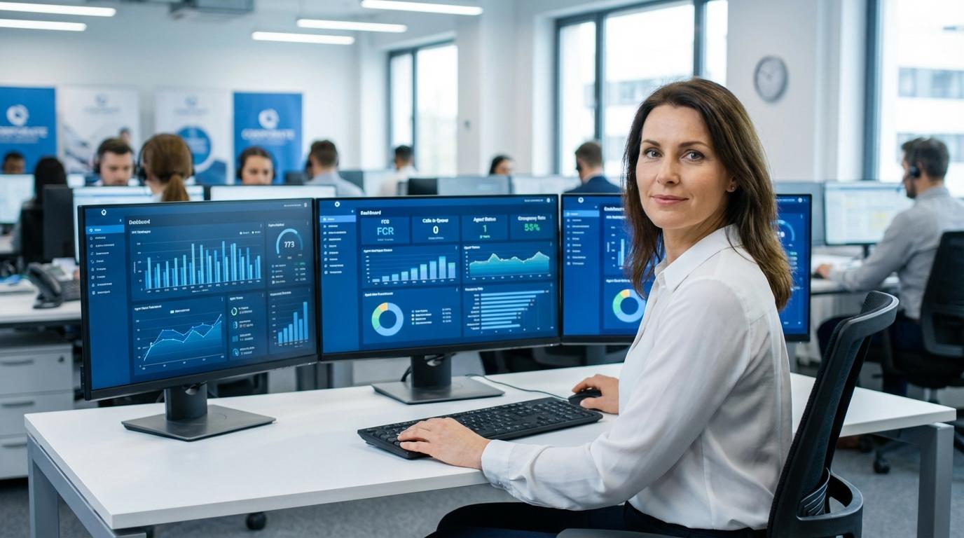 Руководитель колл-центра анализирует показатели эффективности на дашборде