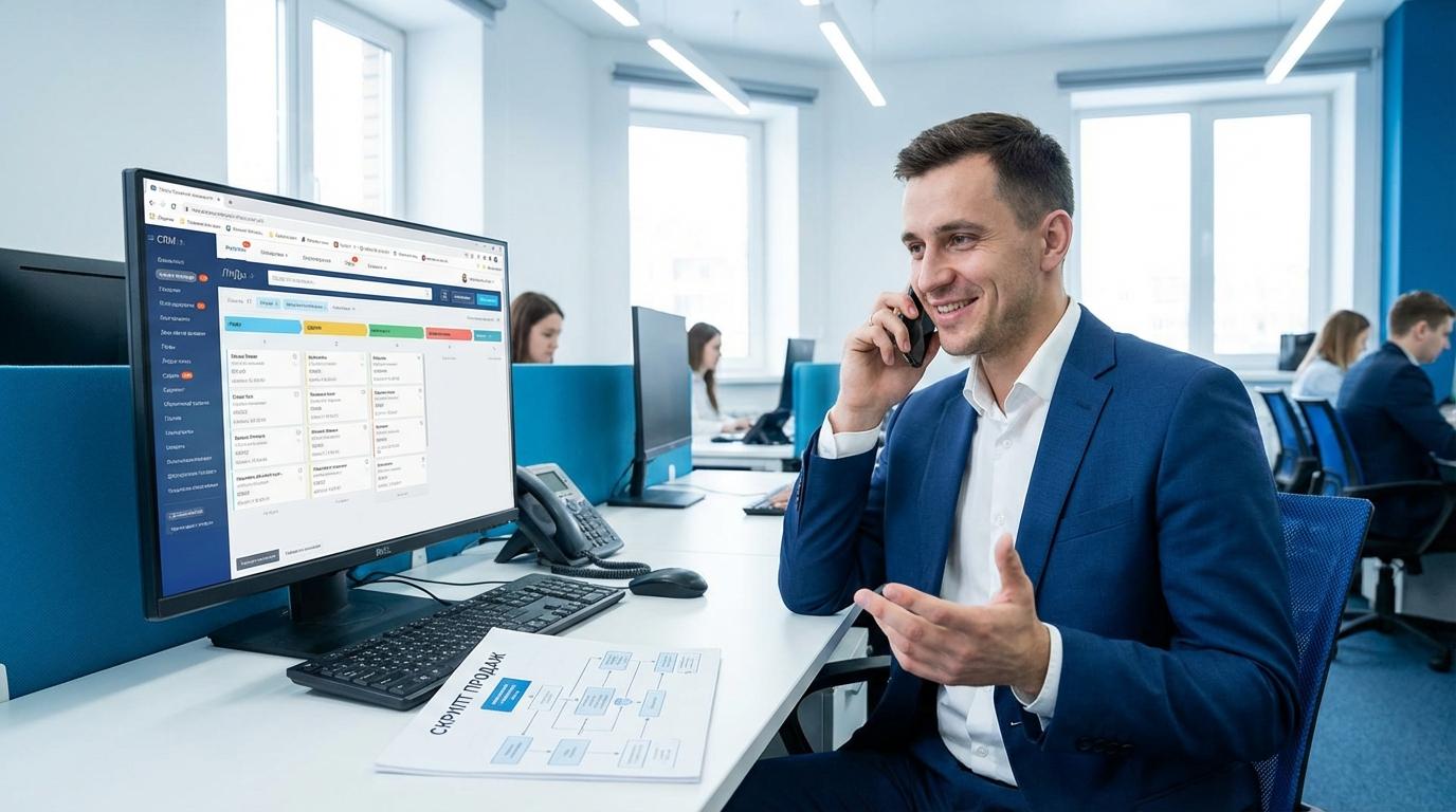 Менеджер по продажам работает со скриптом входящего звонка в офисе