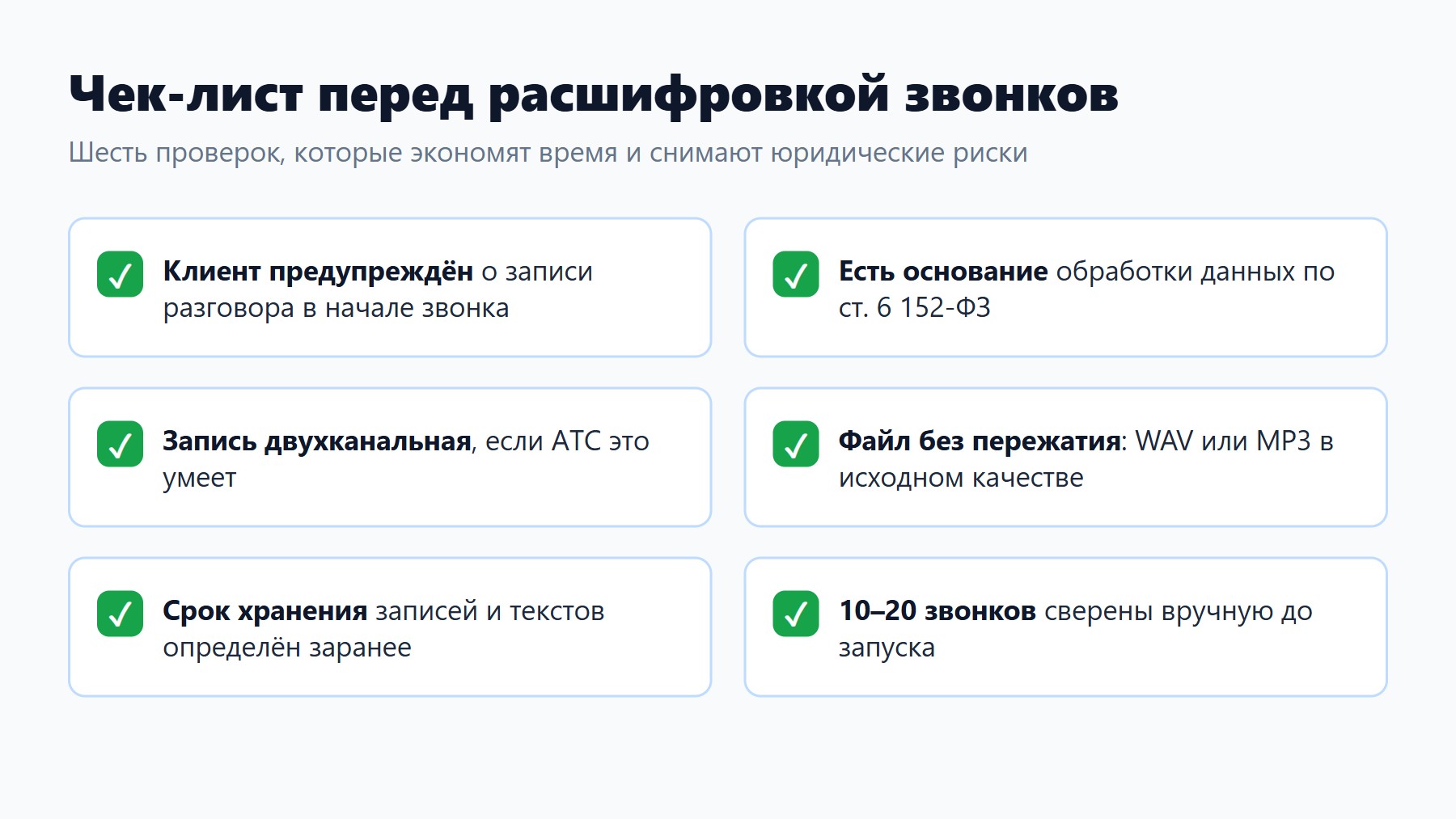 Чек-лист перед тем как расшифровать звонок: предупреждение о записи, основание по 152-ФЗ, формат файла, срок хранения